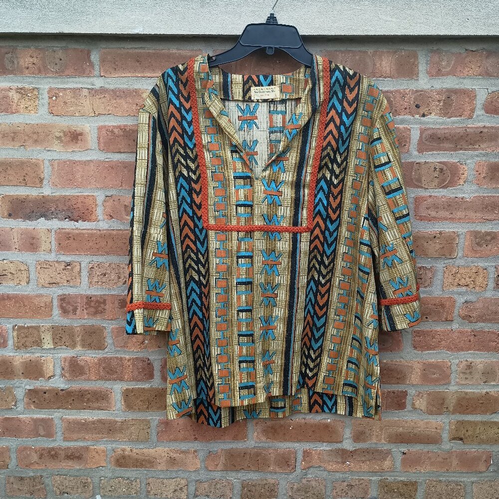 Vintage Handmade Dashiki Shirt Pullover Hippie Tunic 1960s 3/4 sleeve